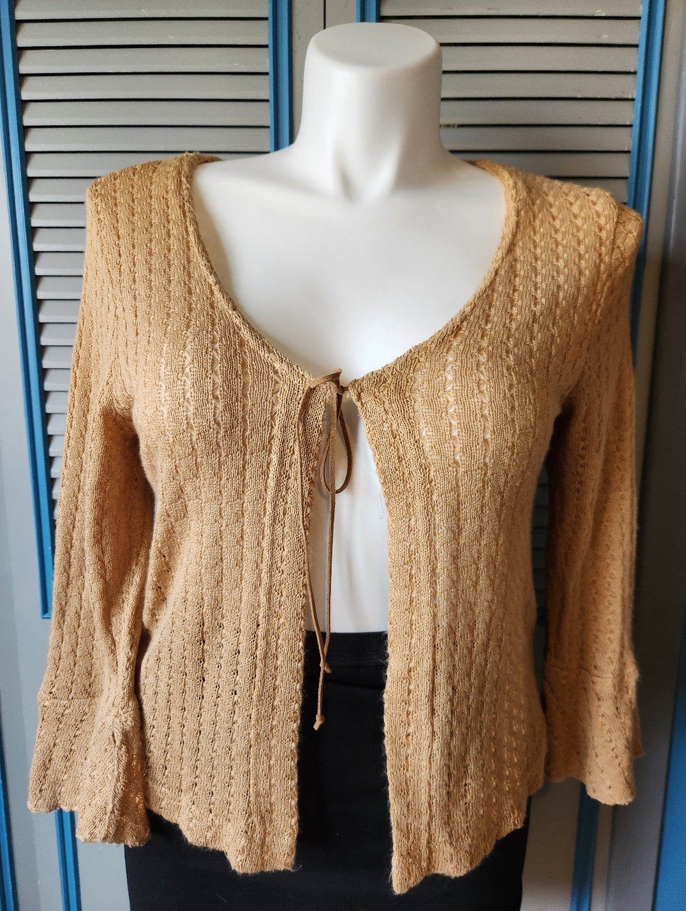 Vintage Los Angeles Gal Camel Knit Tie Front Sweater Boho Flare Sleeve
